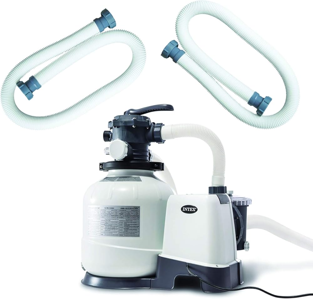 Intex Above Ground Pool Sand Filter Pump Bundled with Replacement Hose, Digital Timer and One Hydro Aeration Technology for Outdoor Use