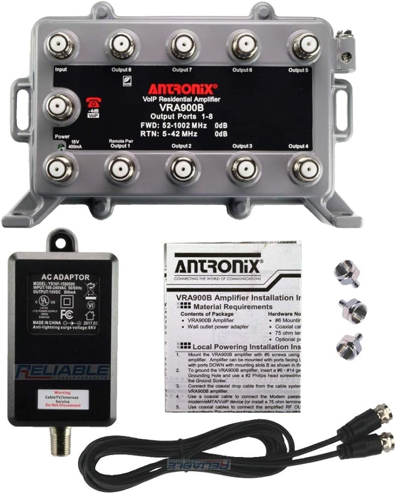 Reliable Cable Products 9 Port Bi-Directional Cable TV Splitter Signal Booster/Amplifier Kit with Active Return Zero Signal Loss includes F59 Terminators and Superflex 3' Dedicated Power Cable