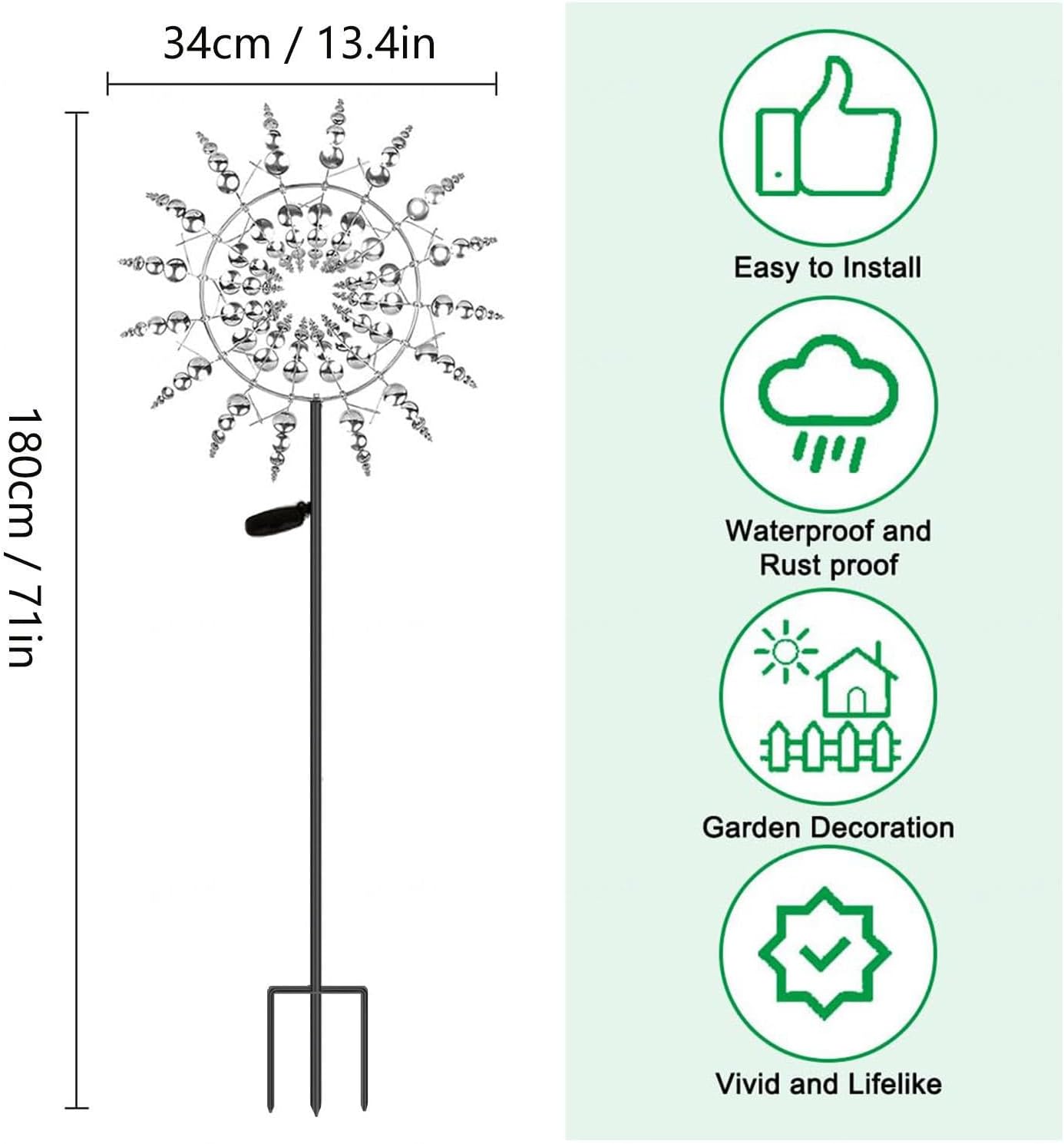 Solar Magical Metal Windmill, Garden Wind Art Wind Spinner Dual Direction, 13.4 x 71in Backyard Wind Spinners,Gold