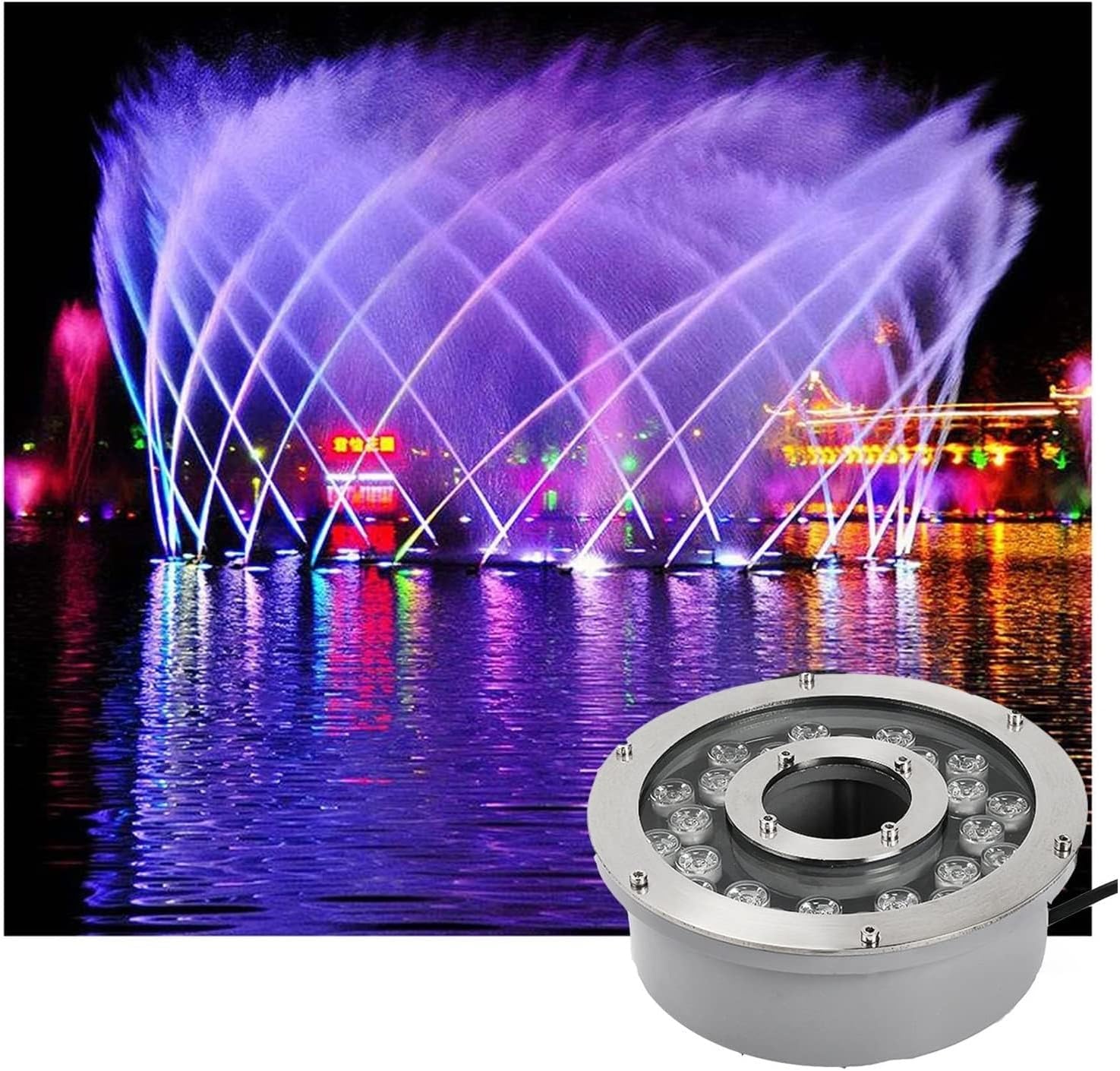 Recessed LED Fountain Light Waterproof Underwater Ring Fountain Light RGB Colorful Color Changing IP68 Waterproof Landscape Submersible Outdoor Lights Pond Lights(Warm White,24w-12V)