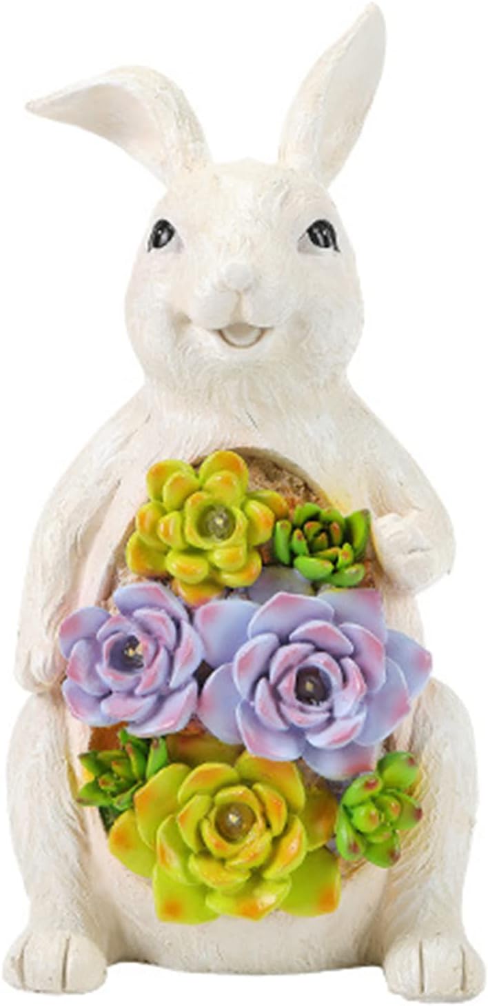 Rabbit Ornaments with Solar Lights, Outdoor Bunny Statues and Figurines Resin Statues for Home Garden Lawn Decoration,Easter for Kids,White
