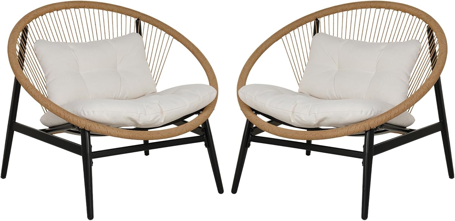Grand patio 2 Piece Oversized Outdoor Chair Set, Wicker Patio Chairs with Beige Cushion, Outdoor Furniture Set for Porch Balcony Deck Garden