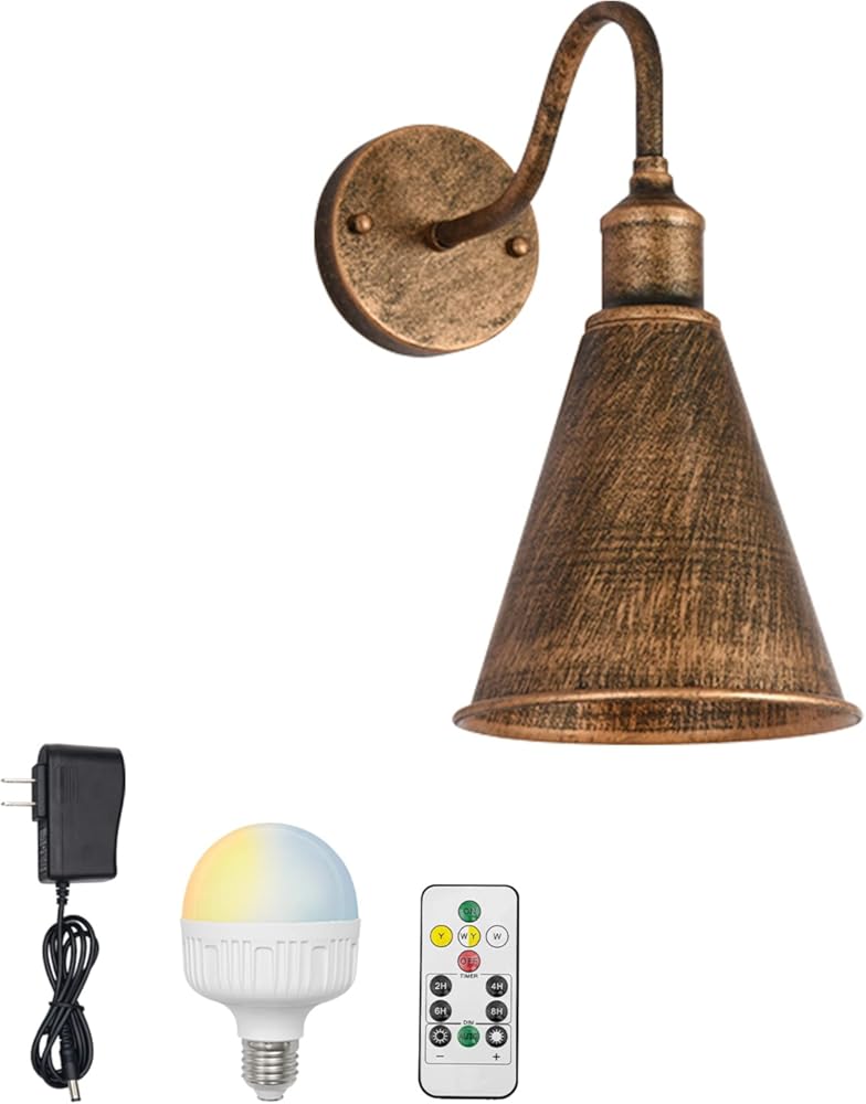 Remote Battery Run No Cord Rechargeable Stepless Dimming LED Bulb Included Retro Design Rust Metal Shade Wall Light Fixture for Reading Dorm Stairways