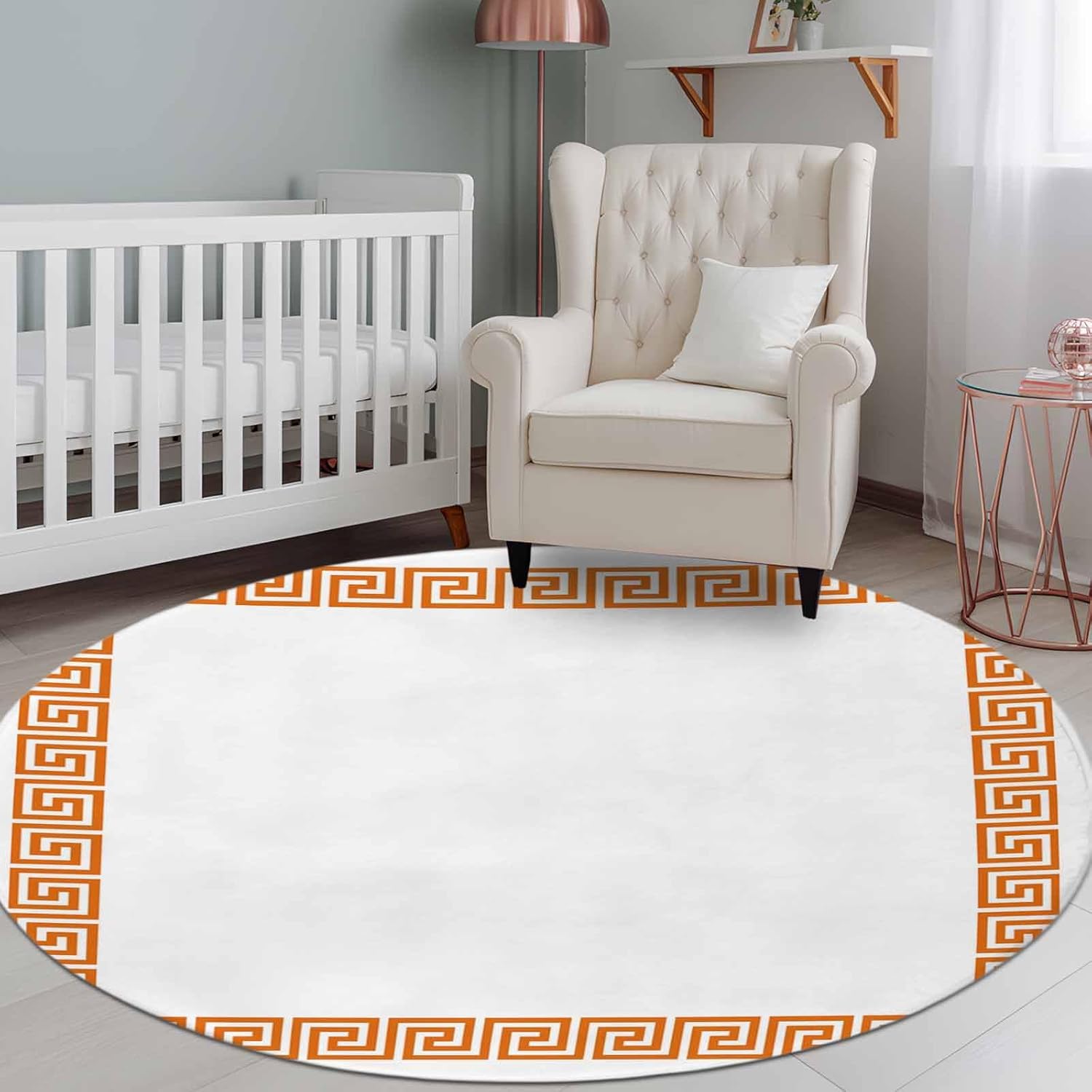 Round Area Rug,8ft Washable Circle Rugs Abstract Greek Inspired Art Soft Non-Slip Carpet Indoor Floor Mat for Home Living Room Bedroom Office,Orange Twist Line Key Pattern