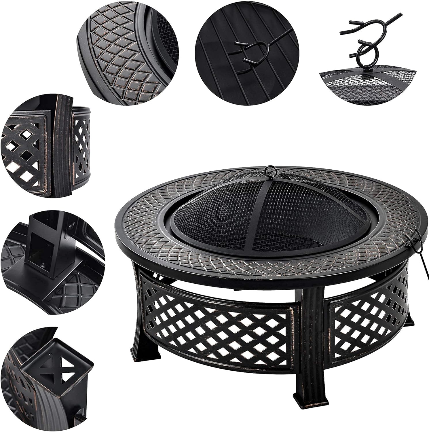 Garden Fire Pit Outdoor Fire Pit, Metal Fire Bowl with Charcoal Fork/Charcoal Grid/Mesh Cover, Grill Camping Bonfire Grill Barbecue Rack