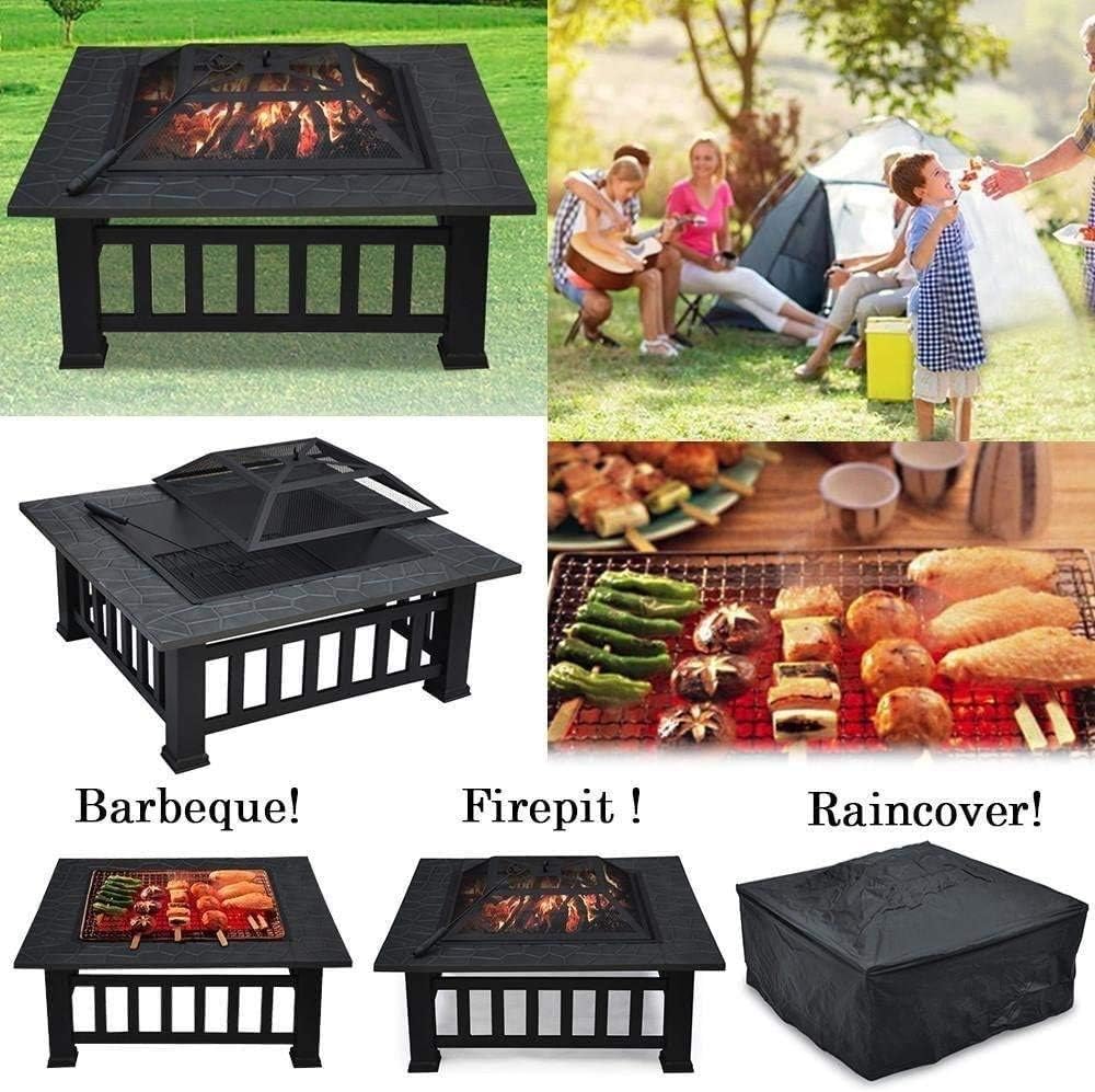 Garden Fire Pit Grill Bowl Grill Barbecue Rack Outdoor Fire Pit, Metal Fire Bowl BBQ Grill Table with Mesh Spark Screen Cover for Patio Backyard Beach Picnic Camping Etc