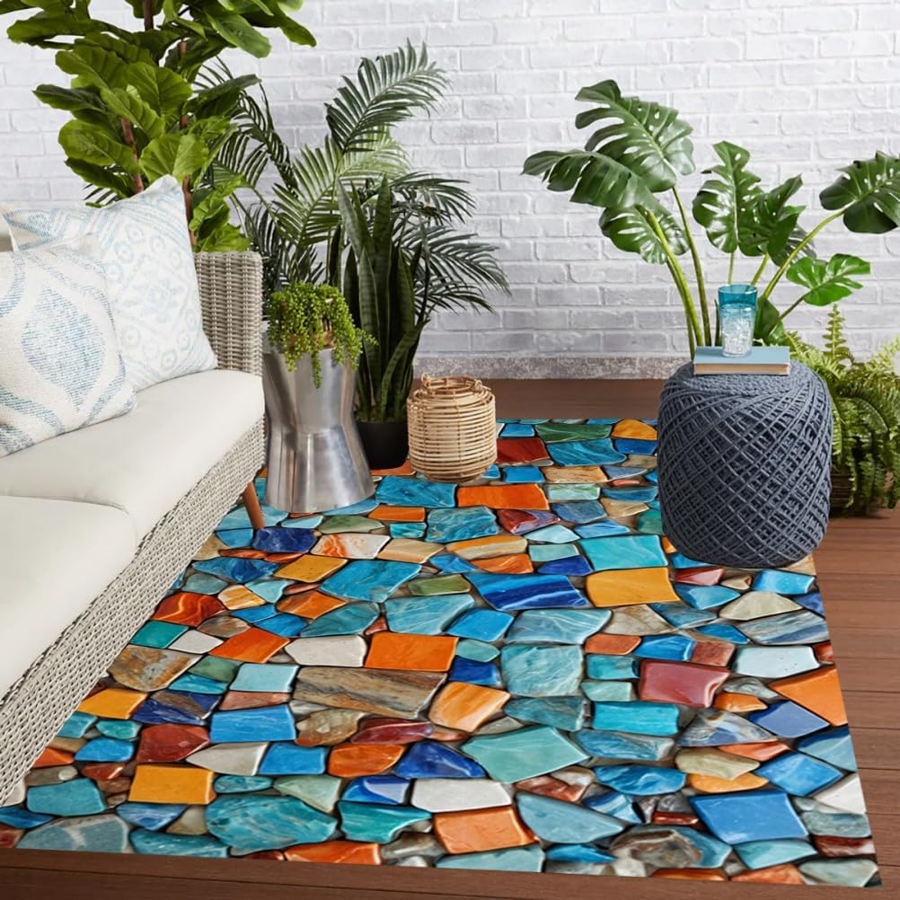 Bright Blue Orange Stone Seamless Pattern Non Slip Thin Outside Area Rug 7x10 Soft Comfort Machine Washable Rugs for Patio Deck Balcony Backyard Garden Camping Pool Outdoor Floor Carpet Mat