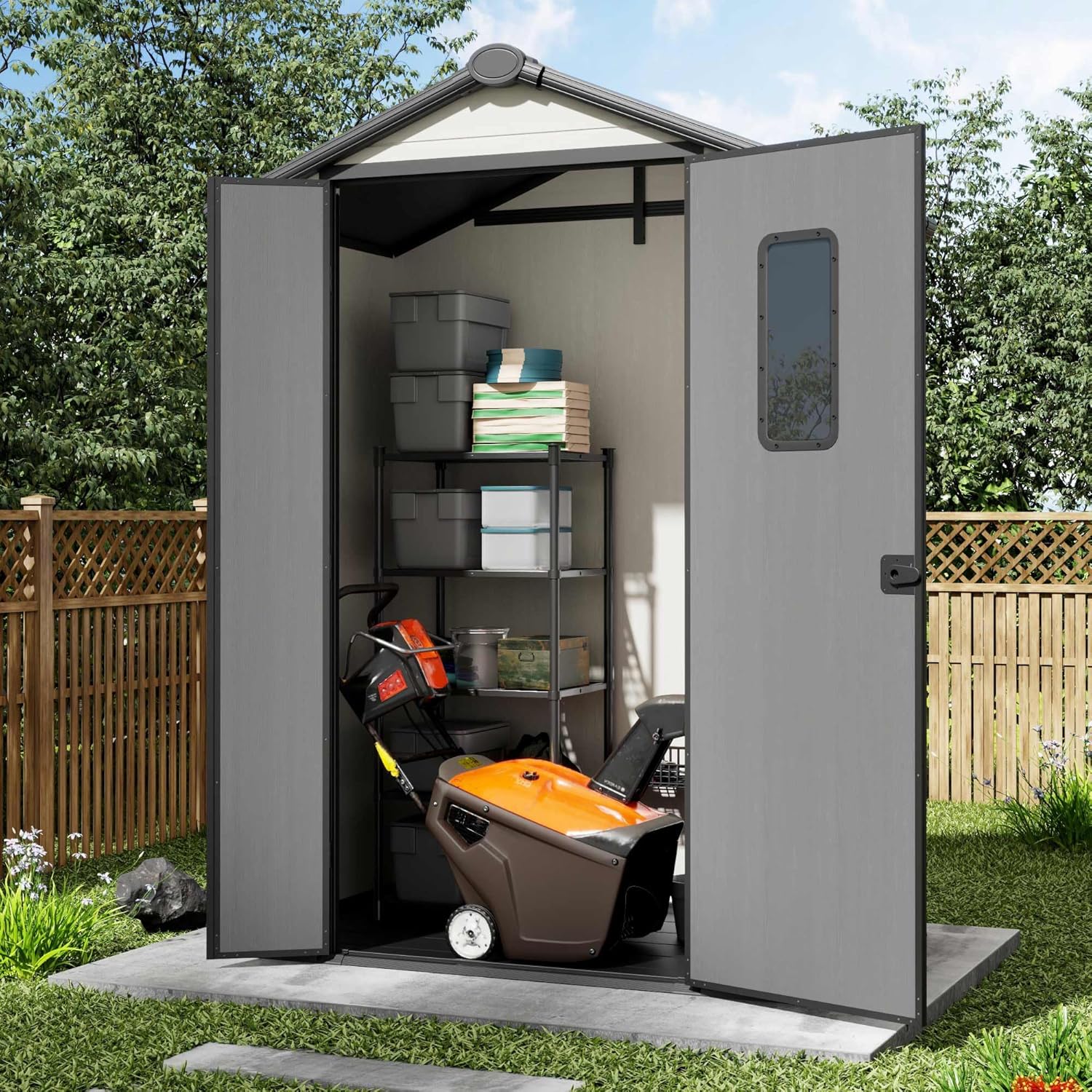 5' x 3' Outdoor Resin Storage Shed with Floor,Galvanized Metal Waterproof Garden Shed with Lockable Door, Plastic Tool, Bike Storage for Patio Furniture, Lawn Mower