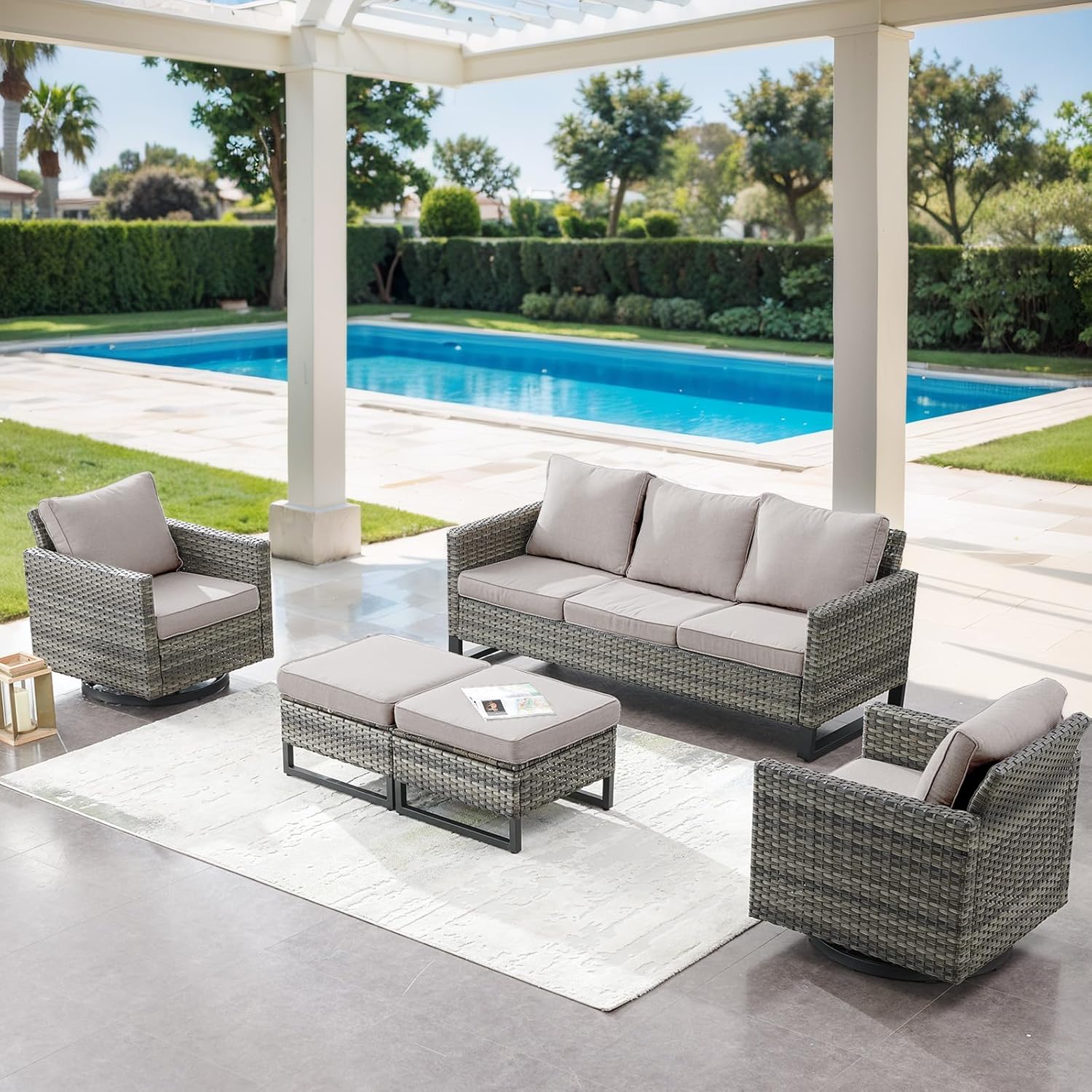 5 Piece Wicker Patio Furniture Set - Outdoor Swivel Rocker Chairs Set with 3 Seat Sofa and Ottomans, Small Patio Conversation Sets Proch Furniture for Balcony Deck - Grey/Beige