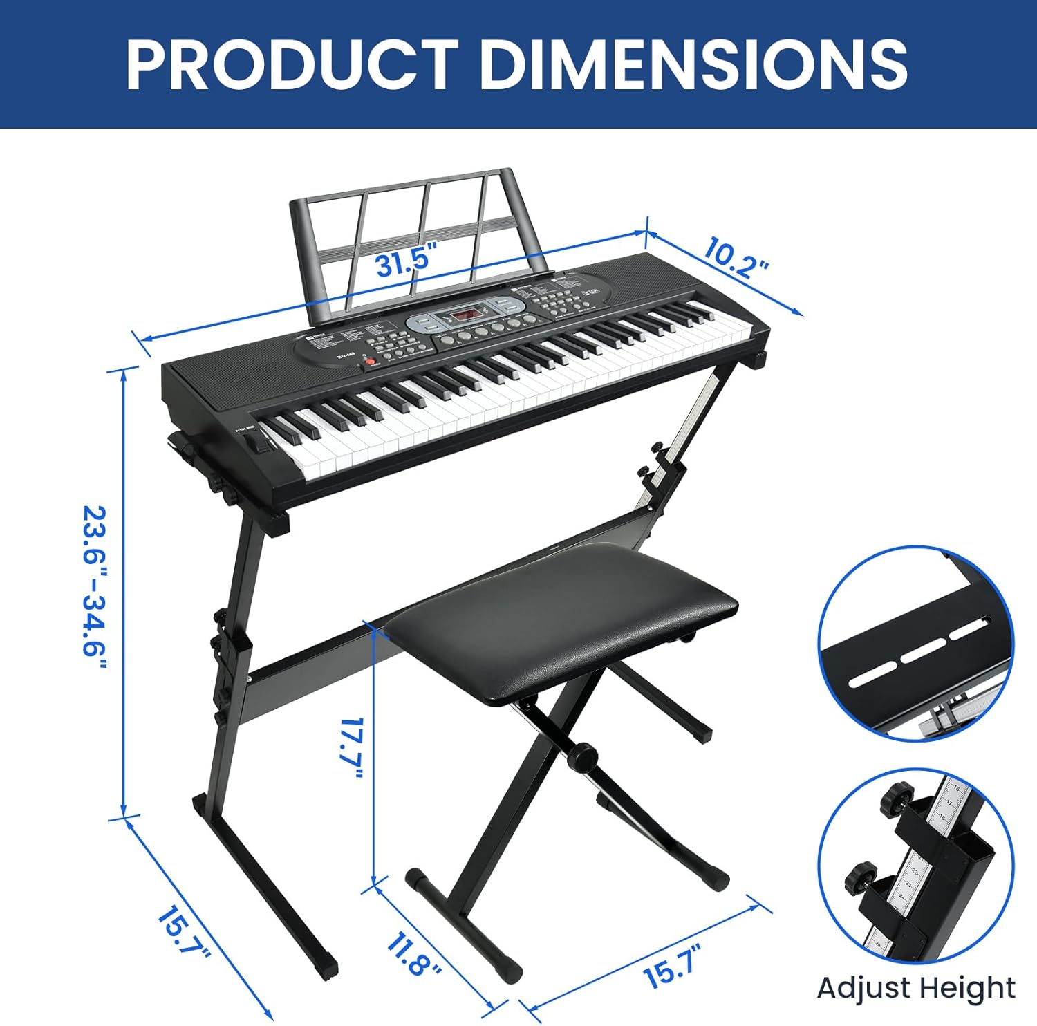61-Key Lighted Keyboard Piano for Beginners, Electric Keyboard with Pitch Bend & Built-In Speakers, Teaching Mode, Portable Piano Set with Stand, Bench & Microphone