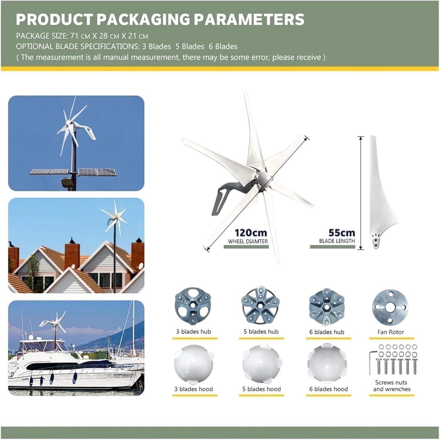 1000W Household Small Horizontal Wind Turbine Generator 12v 24v 48V with MPPT Controller Low Noise Windmill Low Starting Speed for Home(MPPT Hybrid Control,24V_1000W)