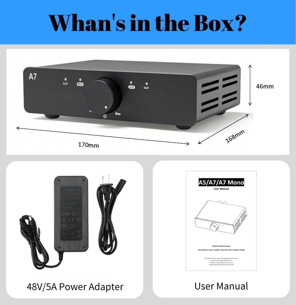 3e Audio A7 TPA3255 PBTL Next-gen HiFi Stereo Amplifier with Enhanced PFFB Professional Amplifier with 48V/5A Power Supply