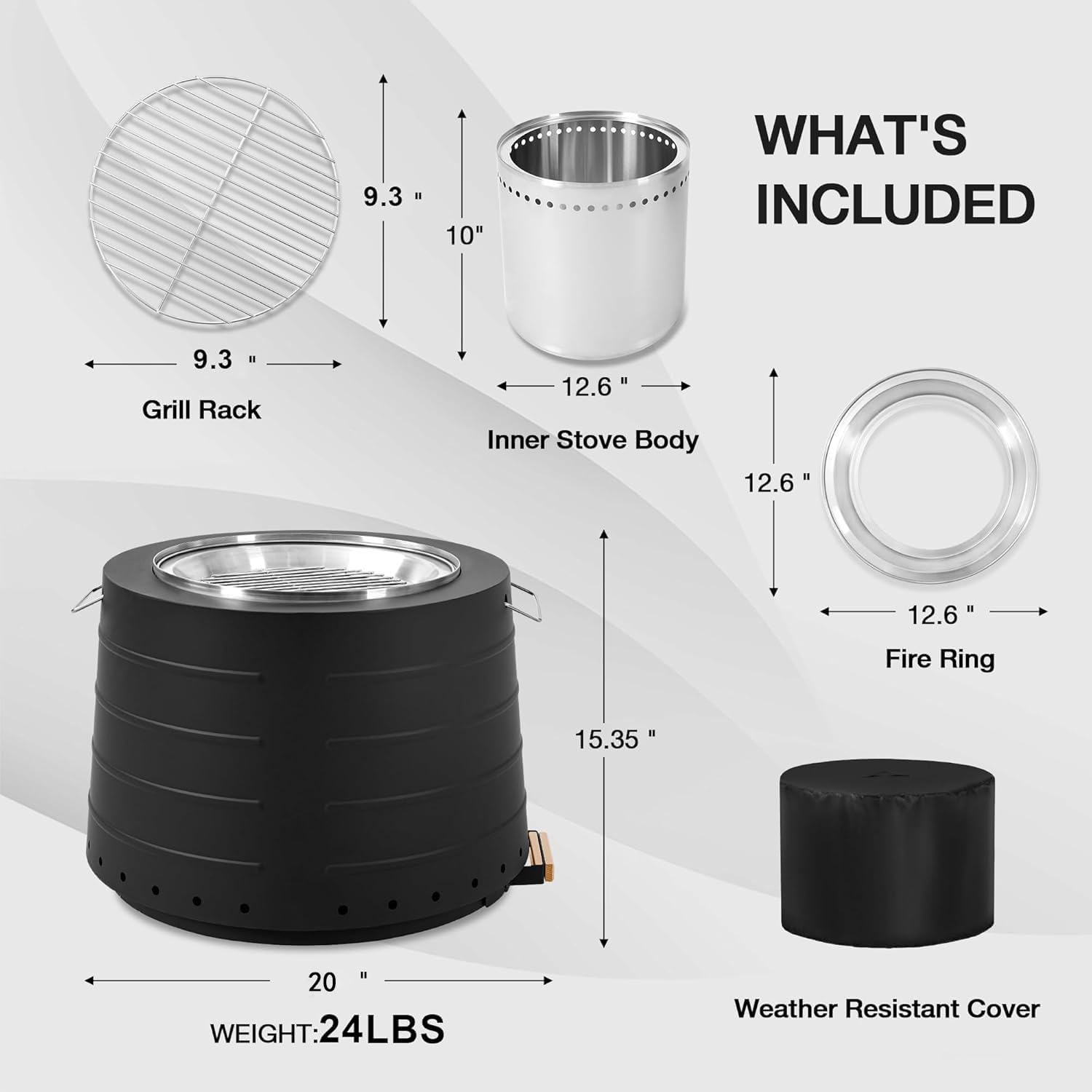 HOMREST 20 Inch Smokeless Fire Pit, Portable Outdoor Firepit with Cooking Grate for Camping, 304 Stainless Steel Stove Bonfire with Removable Ash Pan & Weather Cover for Backyard, Patio (Black)