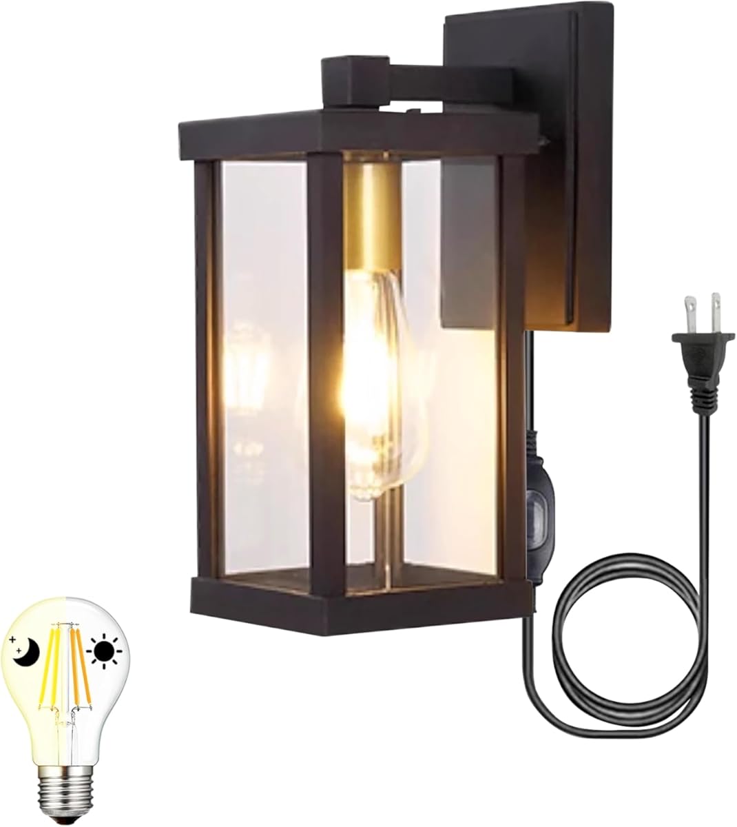 AUTO Plug-in Wall Light Outdoor Indoor Photocell, UL Listed Waterproof Switch Cord LED Dusk to Dawn Brown Light Bulb 8W 60W Equivalent,2700K Warm White Dimmable for Porch Light Backyard