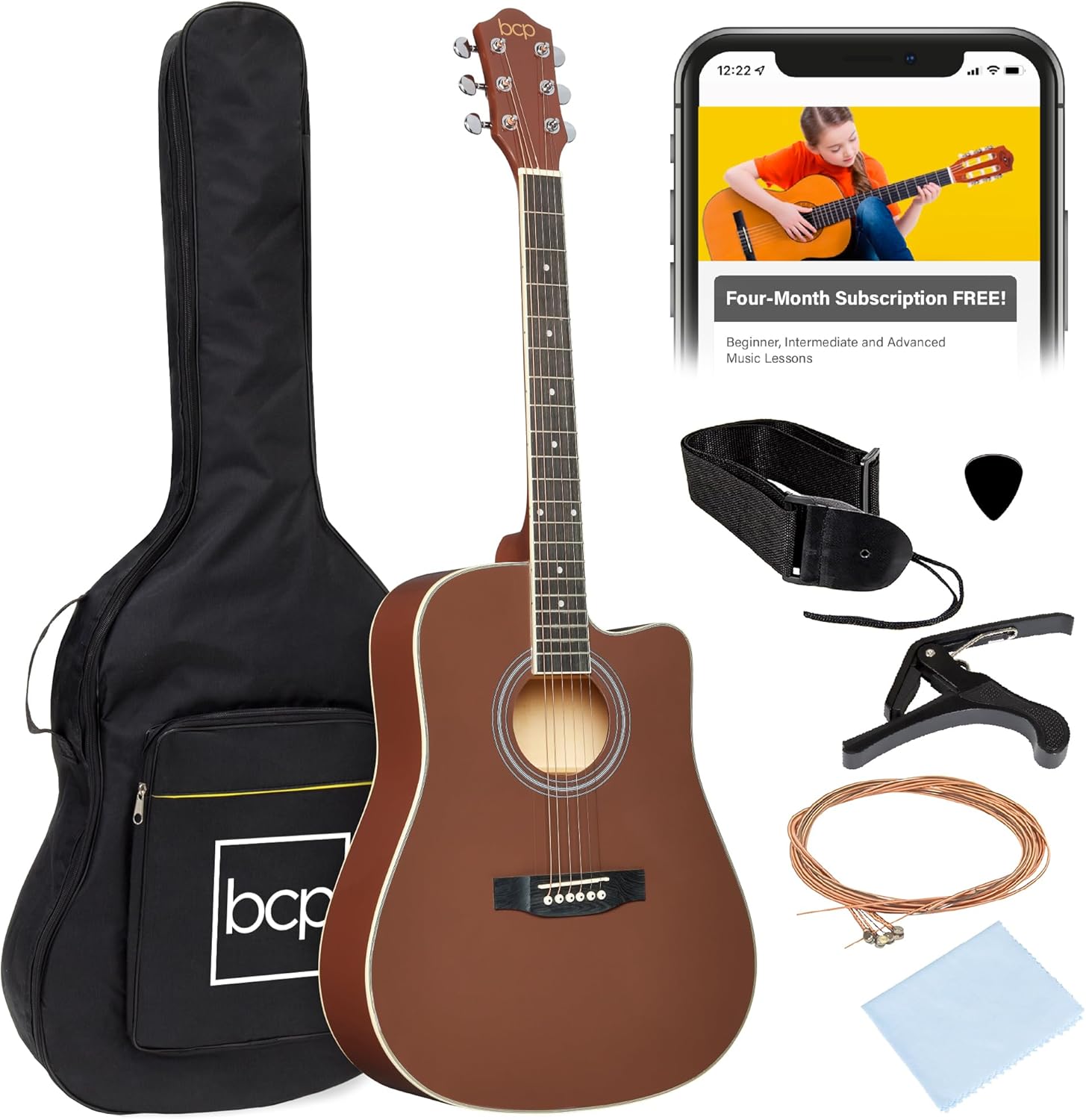 Best Choice Products 41in Beginner Acoustic Guitar Full Size All Wood Cutaway Guitar Starter Set w/Case, Strap, Capo, Strings, Picks - Dark Brown