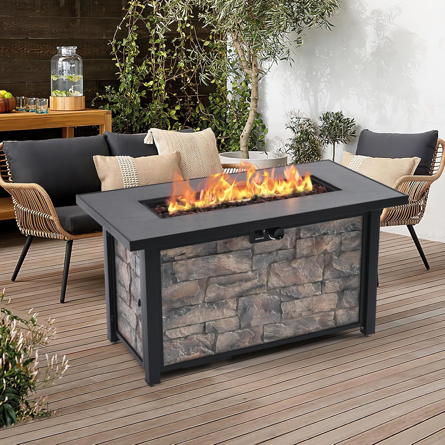 48'' Propane Fire Pit Table, 50000 BTU Outdoor Gas Fire Pit, Patio Heater with Stone Panel, Ceramic Tabletop & Aluminum-Coated Steel Tube Legs, Lava Rocks, Metal Lid and Rain Cover for Outside Patio