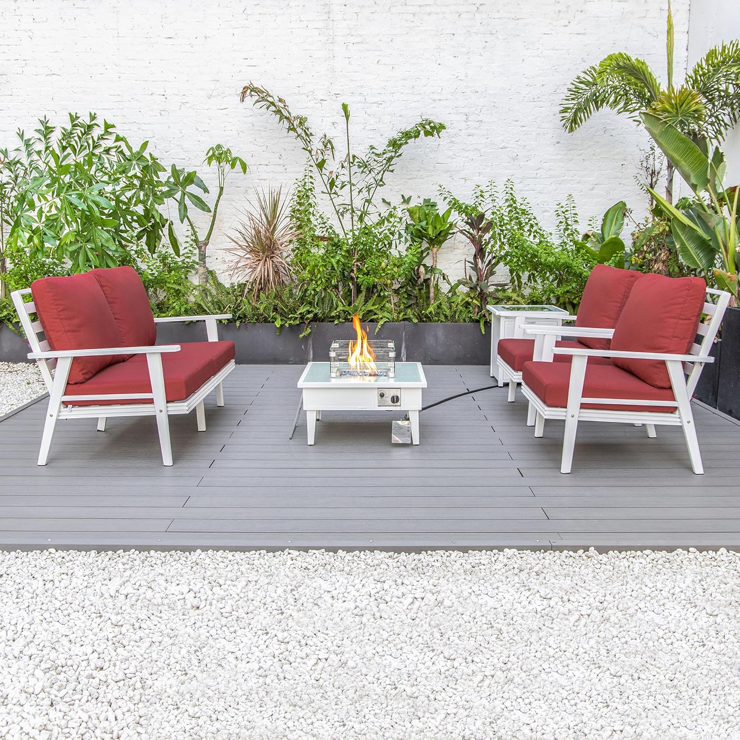 LeisureMod Walbrooke Modern Aluminum 5-Piece Patio Conversation Set with Outdoor Square Fire Pit Side Table Tank Holder, Red