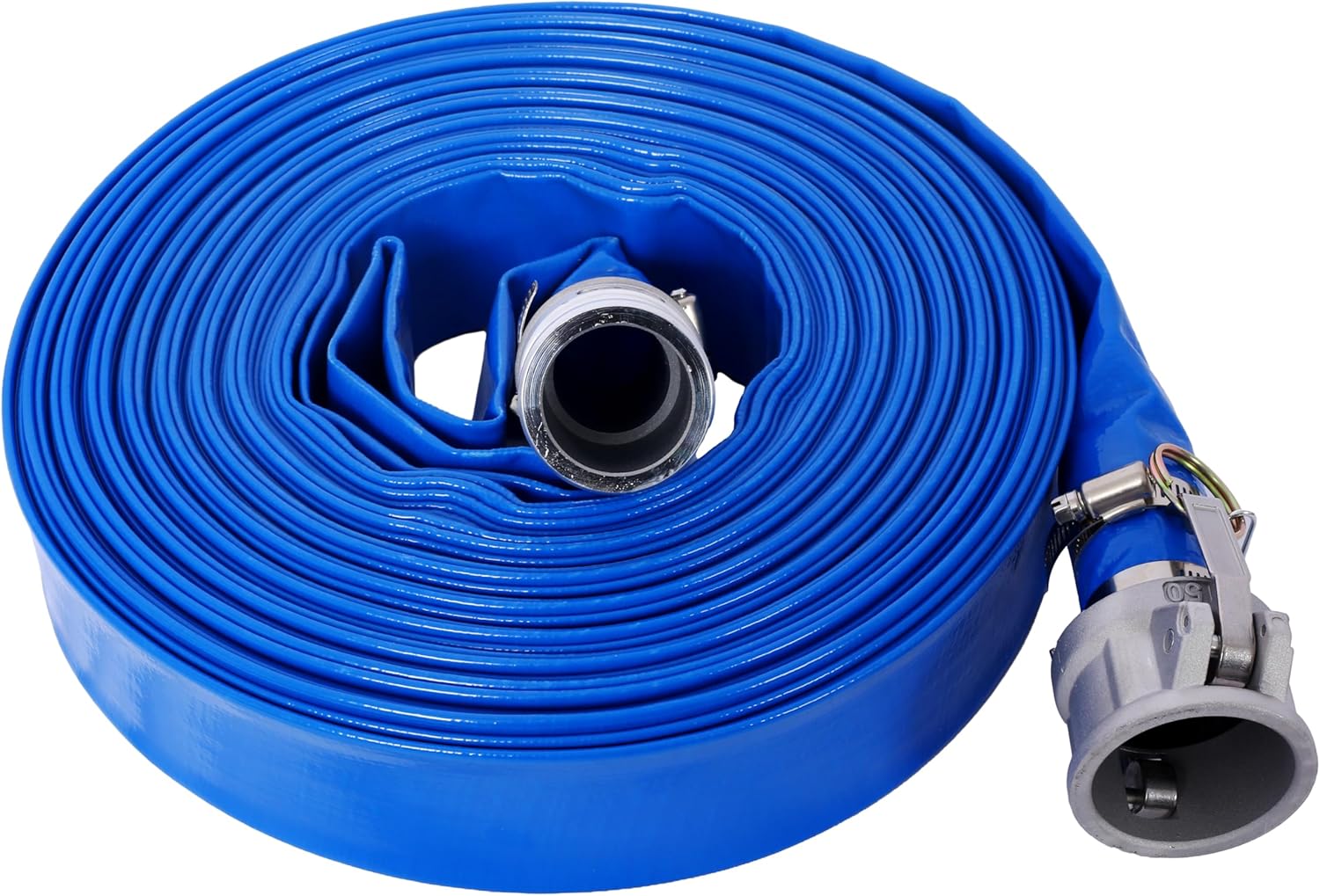 Reinforced 1.5in x 100ft Lay Flat PVC Water Discharge Hose in Blue with Aluminum Camlock C and E Connectors for Pool Drainage Pumping and Irrigation Use