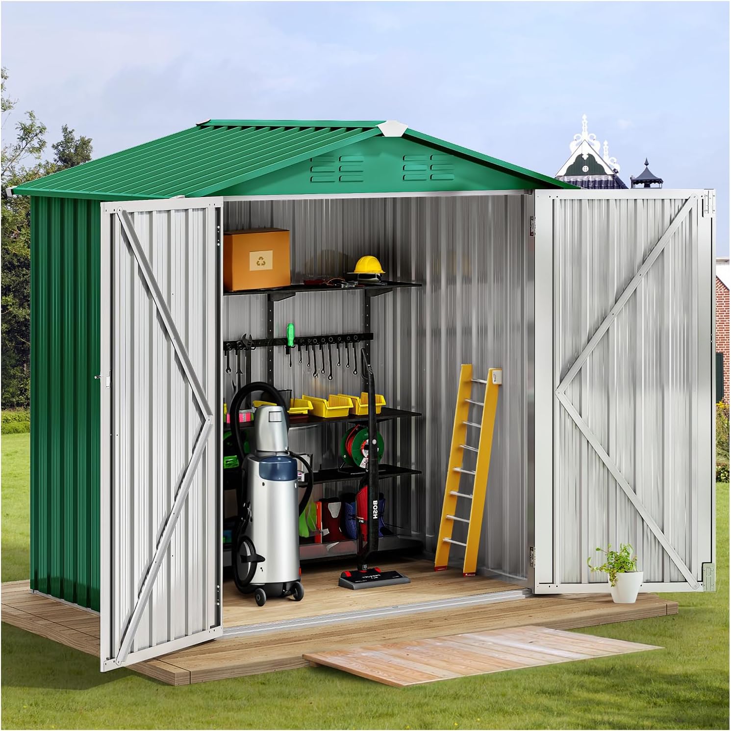 New 6x4 FT Green and Silver Outdoor Large Storage Shed Metal Tool Sheds Heavy Duty Hinged Doors Lockable House Patio Tool Garden Waterproof All Weather Rust Protect Two Tone 92.5