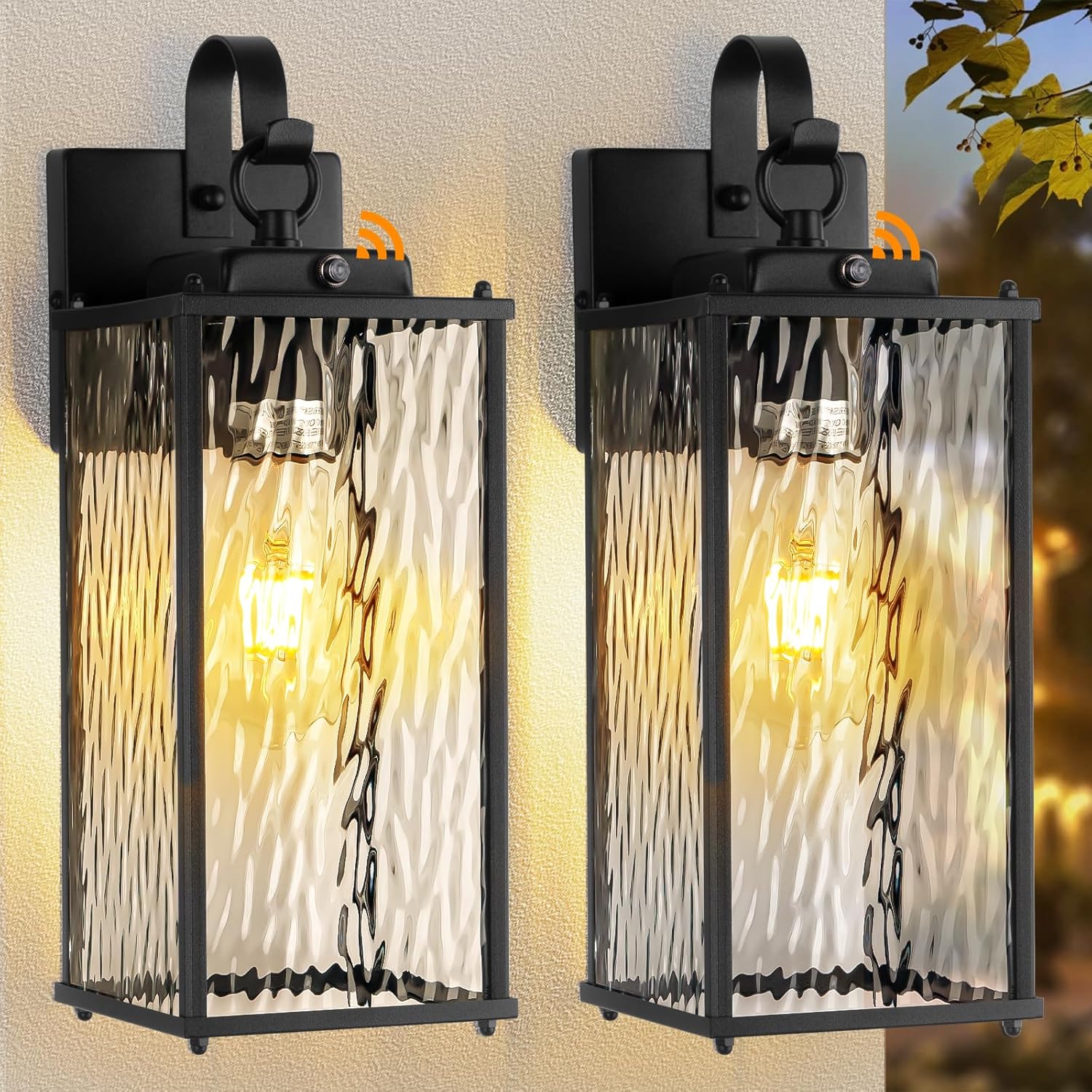 2-Pack Dusk to Dawn Outdoor Lighting with Water Ripple Glass, IP65 Waterproof Matte Black Front Porch Lights Photocell Sensor Exterior Light Fixtures Outdoor Wall Sconces Coach Lights