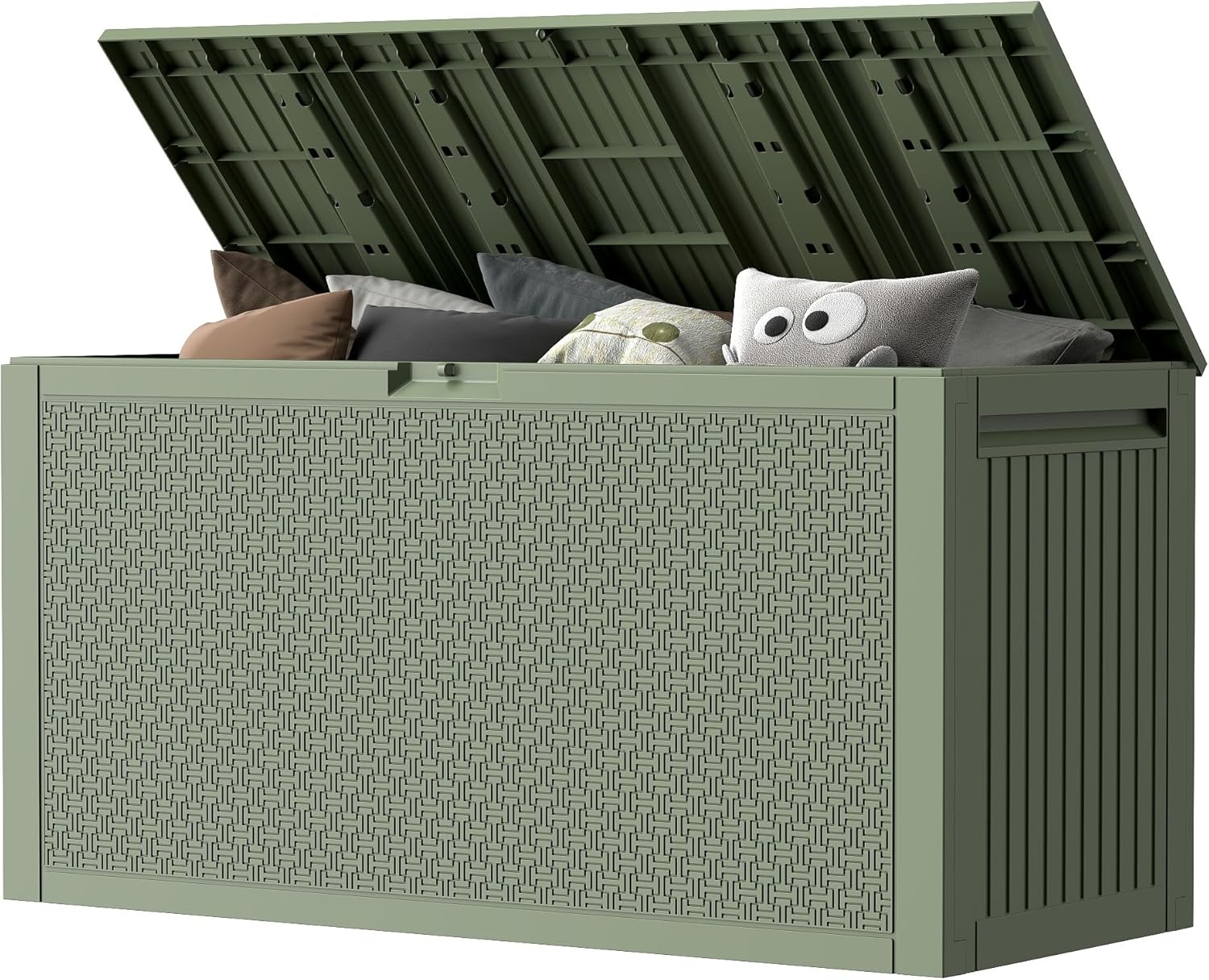 EHHLY 90 Gallon Outdoor Storage Box, Lockable Outside Storage Box Waterproof, Patio Cushions Deck Storage Boxes, Rattan Plastic Garden Hose Containers Resin Pool Storage Bins with lids, Sage Green