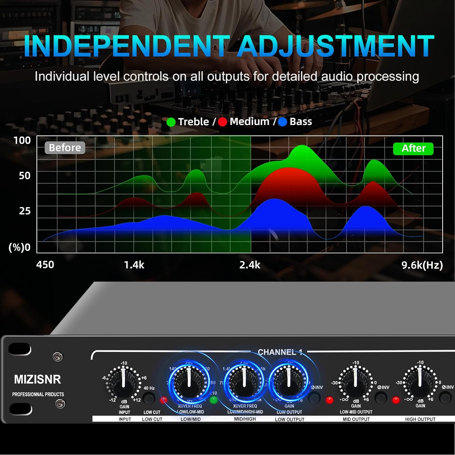 Professional 2/3 Way Stereo/4 Way Mono Crossover with XLR Input and Output, Stereo Audio Sound Processing for PA System with Subwoofer
