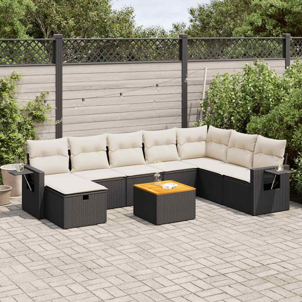 9-Piece Garden Sofa Set Black Cream White Outdoor Furniture Poly Rattan Acacia Wood Modular Seating Weatherproof Cushions Storage Footstool Terrace Patio Lounge Set