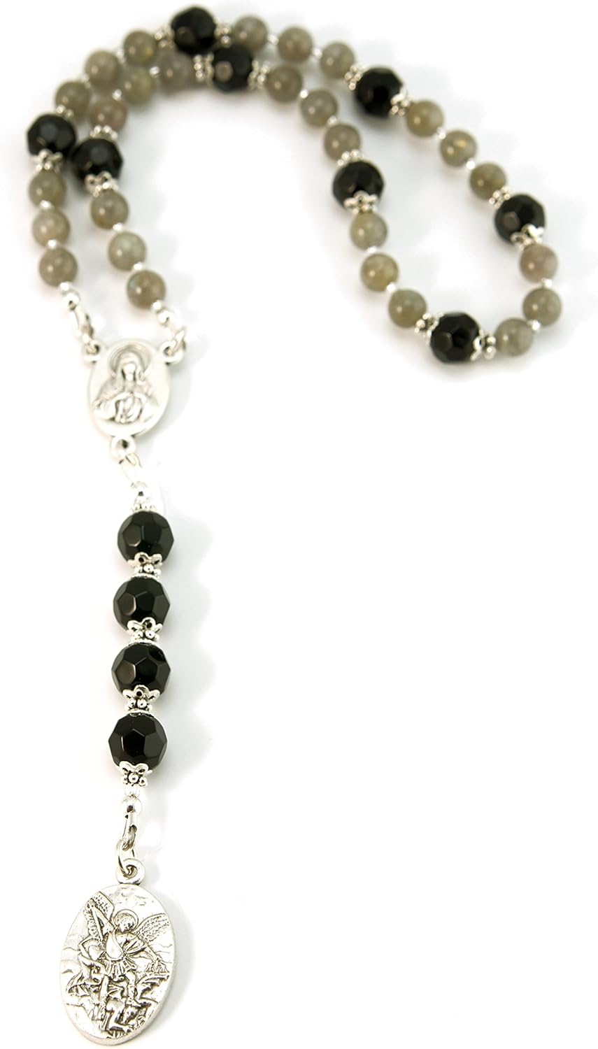 AWEHIRU Silver Inches Catholic Prayer Beads St Michael Protector Small Chaplet Labradorite Gemstone Blessed with Anointing Oil