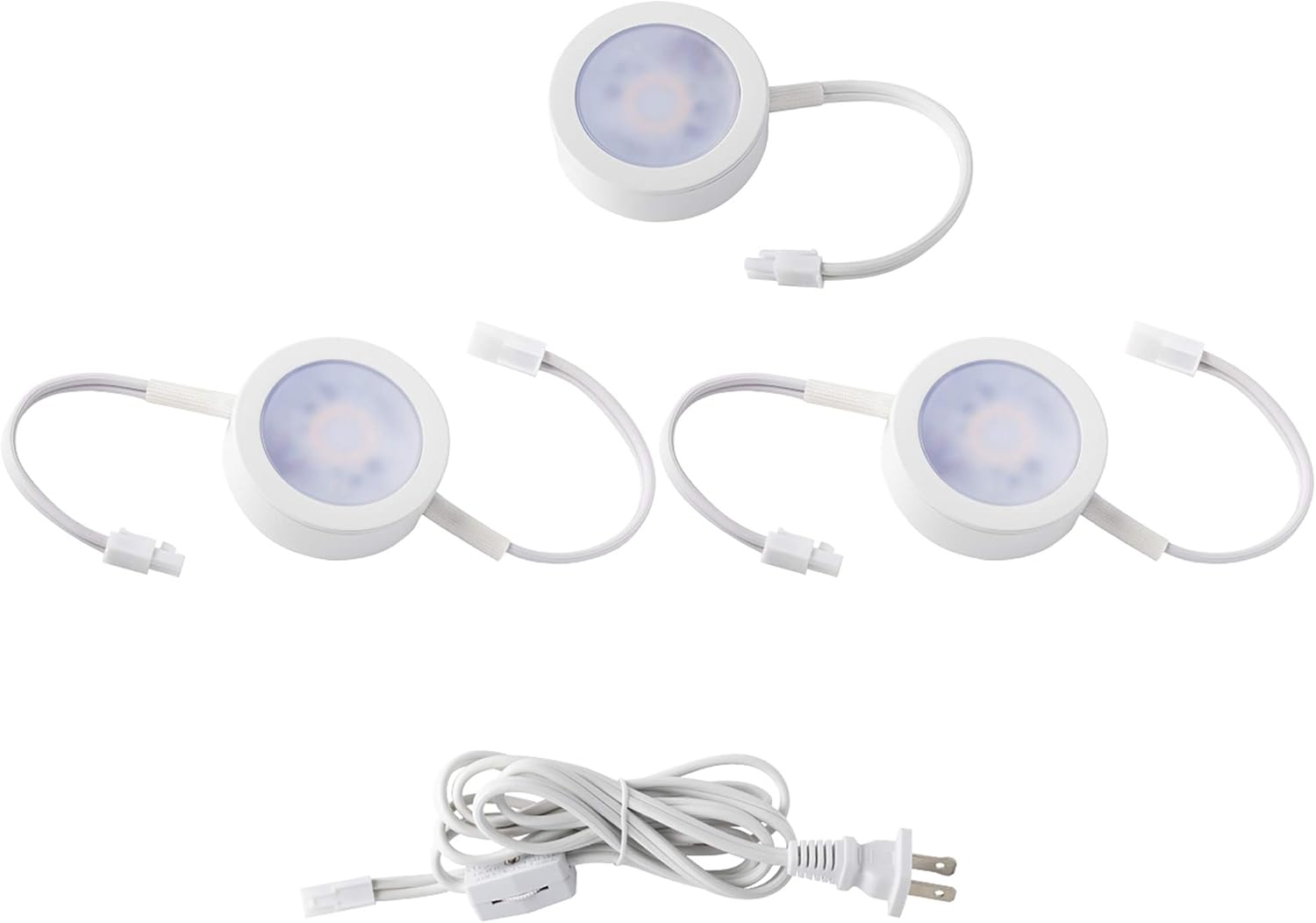 WAC Lighting, Three LED Puck Lights with 2-Double and 1-Single 6in Lead Wire and 6ft Power Cord with Roll Switch 3-CCT Selectable 2700K-3000K-3500K Line Voltage in White
