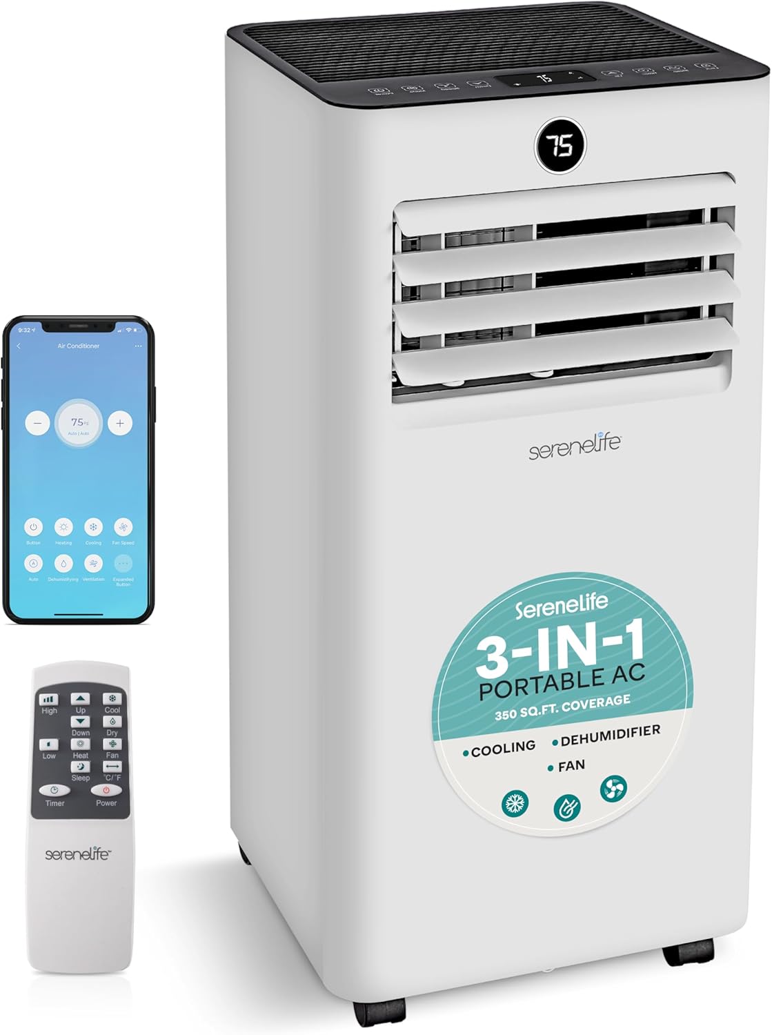 SereneLife 10,000 BTU Portable Air Conditioner, Small AC with Dehumidifier and Fan, Wifi Function, Mini AC Unit with 450 Sq. Ft. Coverage, Includes Remote Control and Window Mount Kit