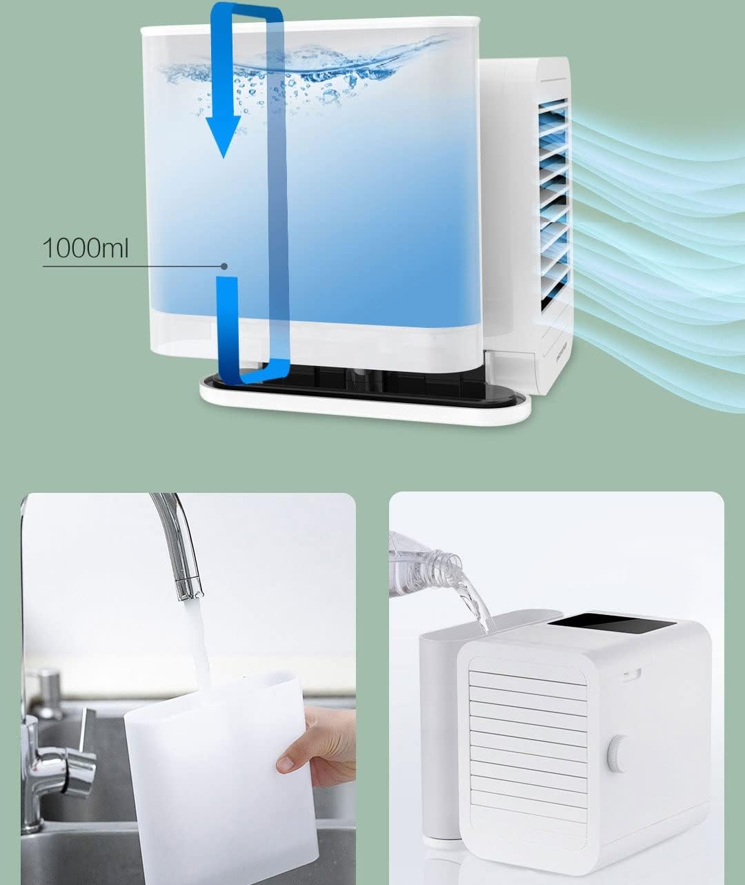 Portable Air Conditioner,Small Air Conditioner Without Fan Blade, Personal Air Cooler with Stepless Speed Regulation, USB Mini Air Cooler with 1000ml Water Tank for Office, Bedroom