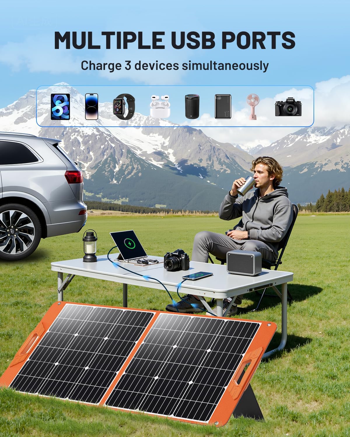 100W Portable Solar Panel for Power Station, 19.8V Foldable Solar Charger with DC/XT60/Anderson Cable & QC3.0 USB Outputs, 23% High Efficiency IP65 Waterproof 2 Kickstands for Outdoor Camping RV Trip