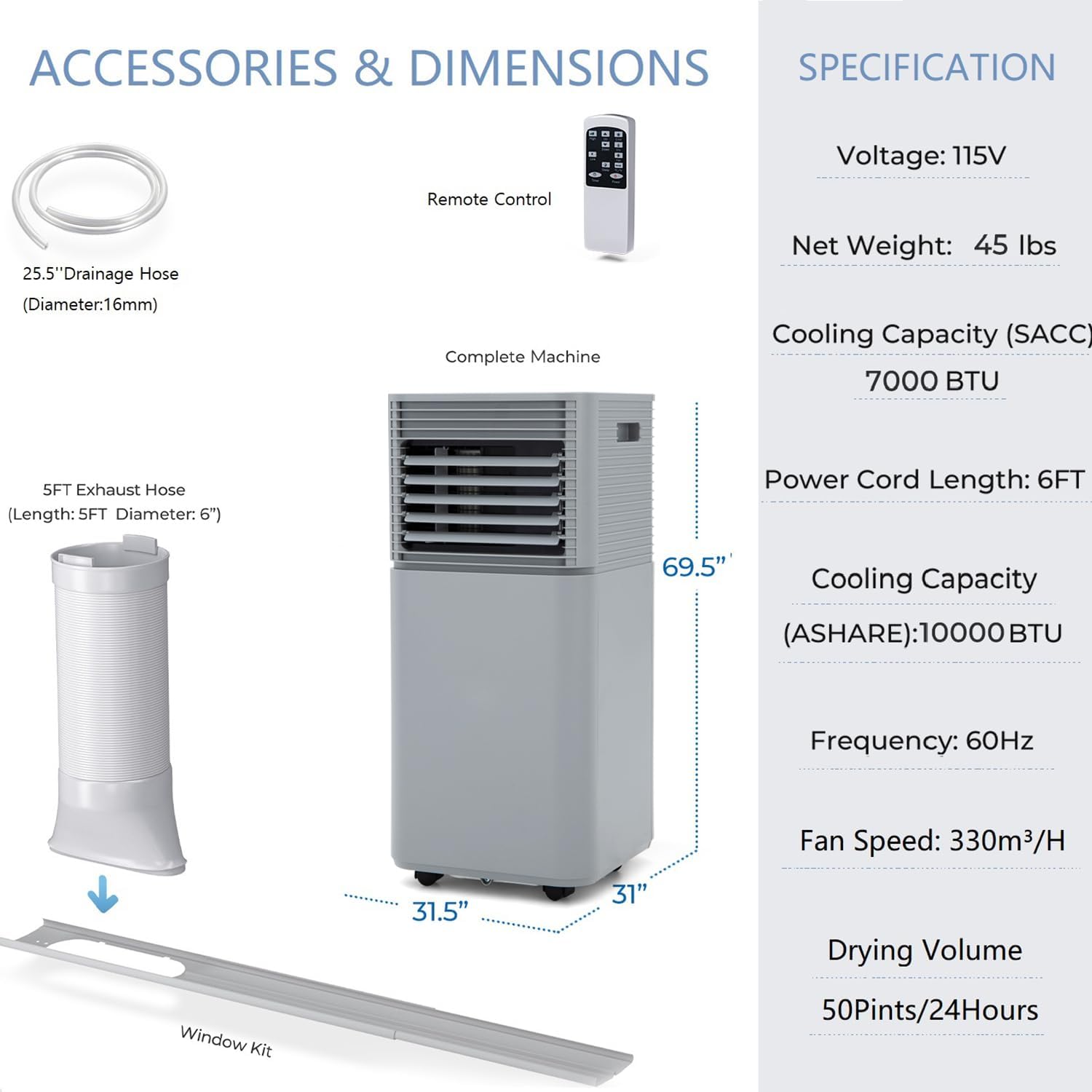 SIMOE Portable Air Conditioner for Room, 10000BTU Portable AC Unit Cooling up to 350 sq.ft, w/ 24H Timer, Remote Control & Window Kit, AC Built-in Cooling, Dehumidifier & Sleep Modes, 2 Speed