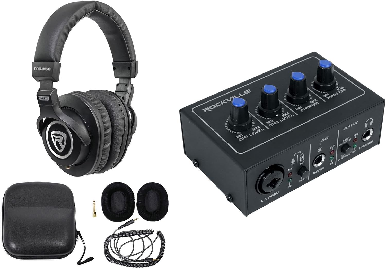 Rockville Podcasting Bundle: ROCK-U MINI 2x2 USB Recording Interface 24-Bit 192kHz, PRO-M50 Studio Headphones w/Detachable Coil Cable, 2-items