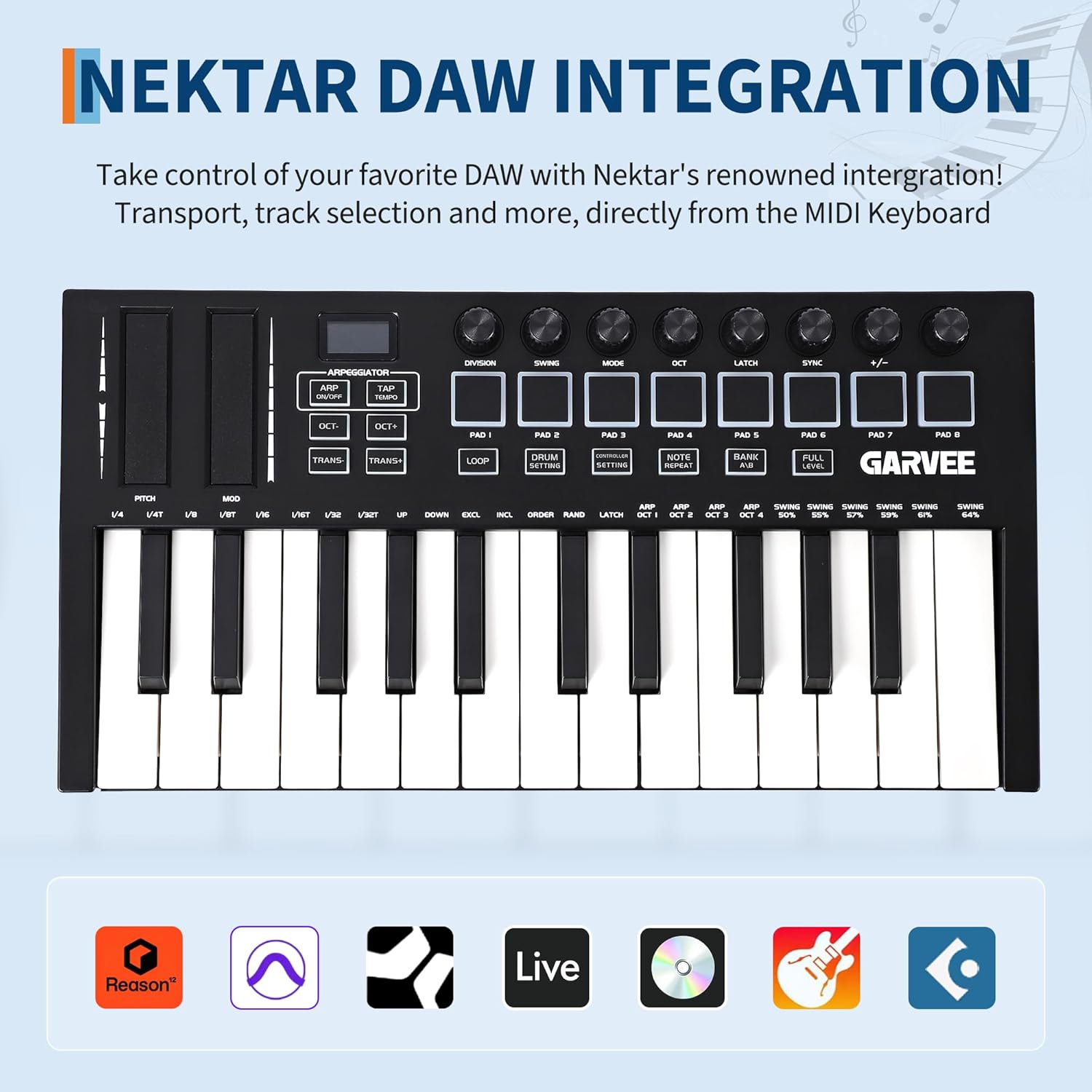 25 Key MIDI Keyboard Controller - Bluetooth/USB DAW Integration with 8 Drum Pads & 8 Knobs, OLED Display, Compact Portable Keyboard for Music Production