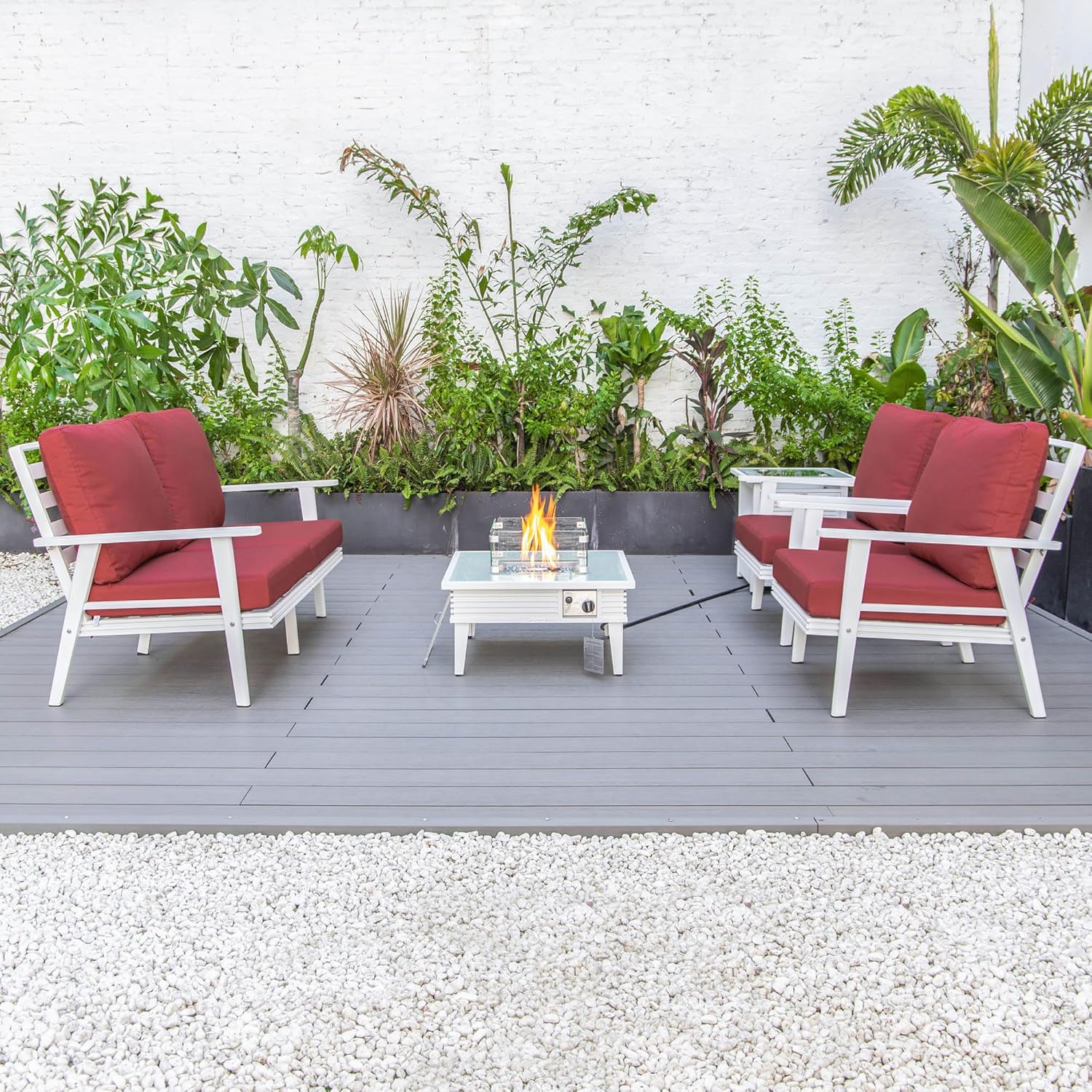 LeisureMod Walbrooke Modern Aluminum 5-Piece Patio Conversation Set with Outdoor Square Fire Pit Slats Design & Side Table Tank Holder, Red