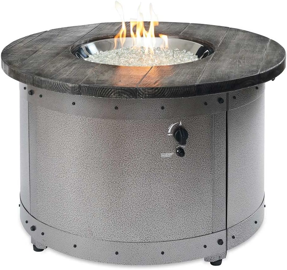 Outdoor GreatRoom Co Propane Fire Pit Table - Edison Gas Fire Pits for Outside Patio - 41 Inch Round Concrete Firepit Fire Table with Matching Tabletop Cover, Steel Base, Clear Glass Gems, 55,000 BTU