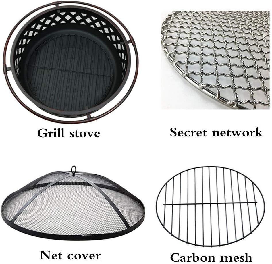 Garden Fire Pit Grill Bowl Grill Barbecue Rack Fire Pit with Grill Shelf, Outdoor Metal Brazier Star Moon Shape Garden Patio Heater Camping Bowl with Grill, Mesh Lid, Grate, Star Moon
