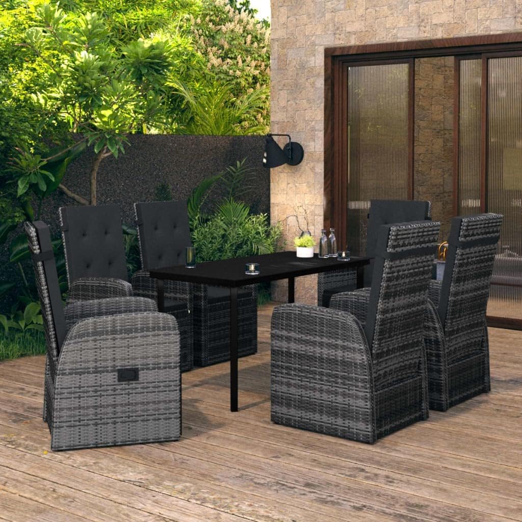 7 Piece Garden Dining Set, Grey and Black, Weather-Resistant PE Wicker Patio Furniture, Outdoor Table and Chairs for Balcony, Powder-Coated Steel Frame