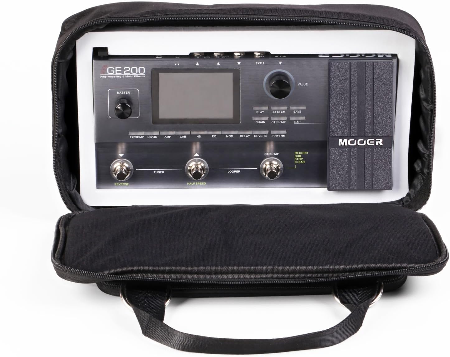 MOOER GE200 Classic Guitar Multi Effects Pedal Adjustable Chain for Metal Music Massive Tones with Portable Soft Case, Pedalboard Footswitch Toppers