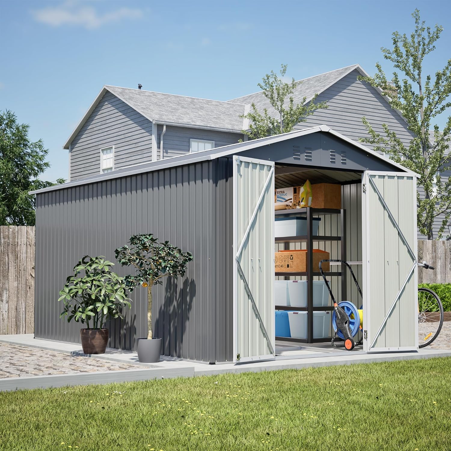 【LuckyNote】 8 x 12 FT Outdoor Storage Shed, Large Metal Tool Storage with Aluminium Frame and Lockable Doors, Storage for Backyard Garden Patio Lawn，146 x 94.63 x 79.27 Inch， 2 parcels (Grey)