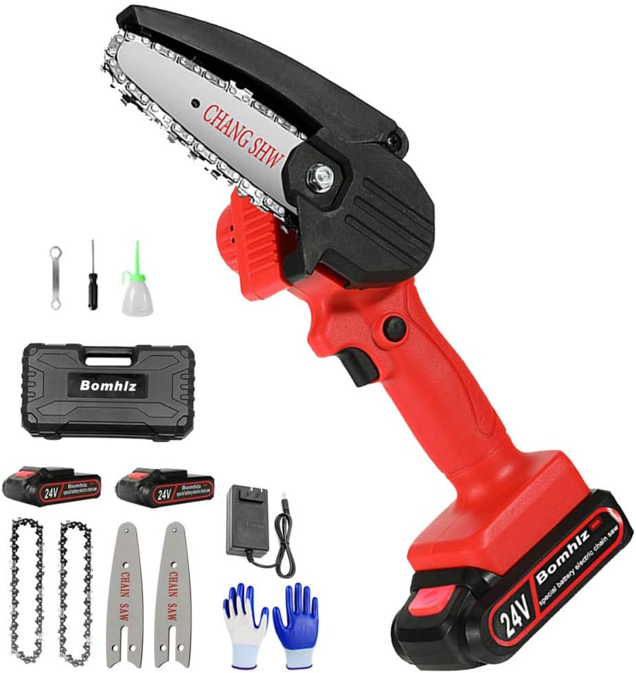 Mini Electric Chainsaw Cordless 4inch Rechargeable Handheld Chainsaw 24v Battery Operated with 2pcs Batteries and Chains Portable Small Power Chain Saw for Tree Branch Pruning and Wood Cutting,red