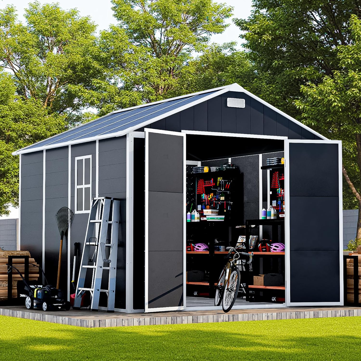 Outdoor Storage Shed 8x8 FT, Resin Shed with Floor & Window, Lockable Door, Vents, Outside Sheds & Garden Shed for Patio Furniture, Gardening Tools, Pool Equipment (Dark Gray, 8 * 8ft)