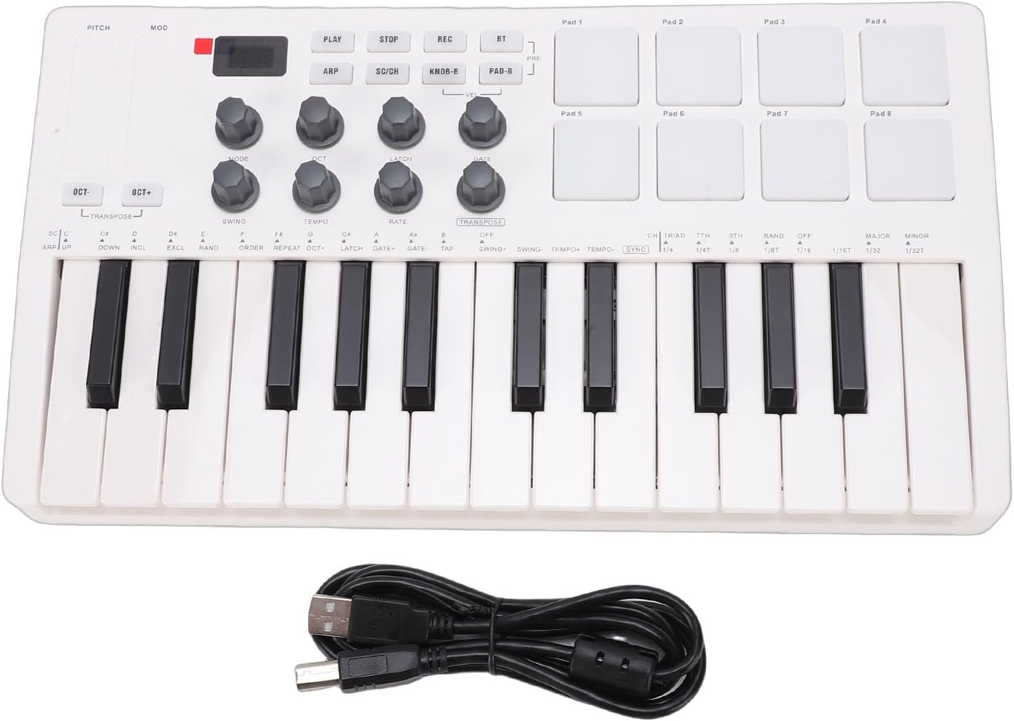 Asixxsix 25 Key Midi Keyboard Controller, with 8 Backlit Drum Pads, 8 Knobs, Portable Beat Maker Machine for Music Production, Velocity Sensitive, LED Display, Arpeggiator