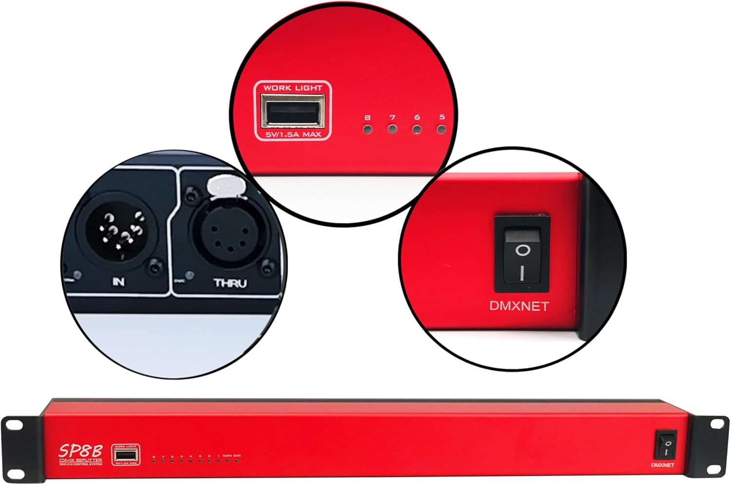 8-Port Opto-Isolated DMX Splitter/Amplifier/Isolator, LED Indicator, USB Work Light, Bulit-in Termination, XLR-5PIN,19 Inch Rack Mountable(RDM not Supported)