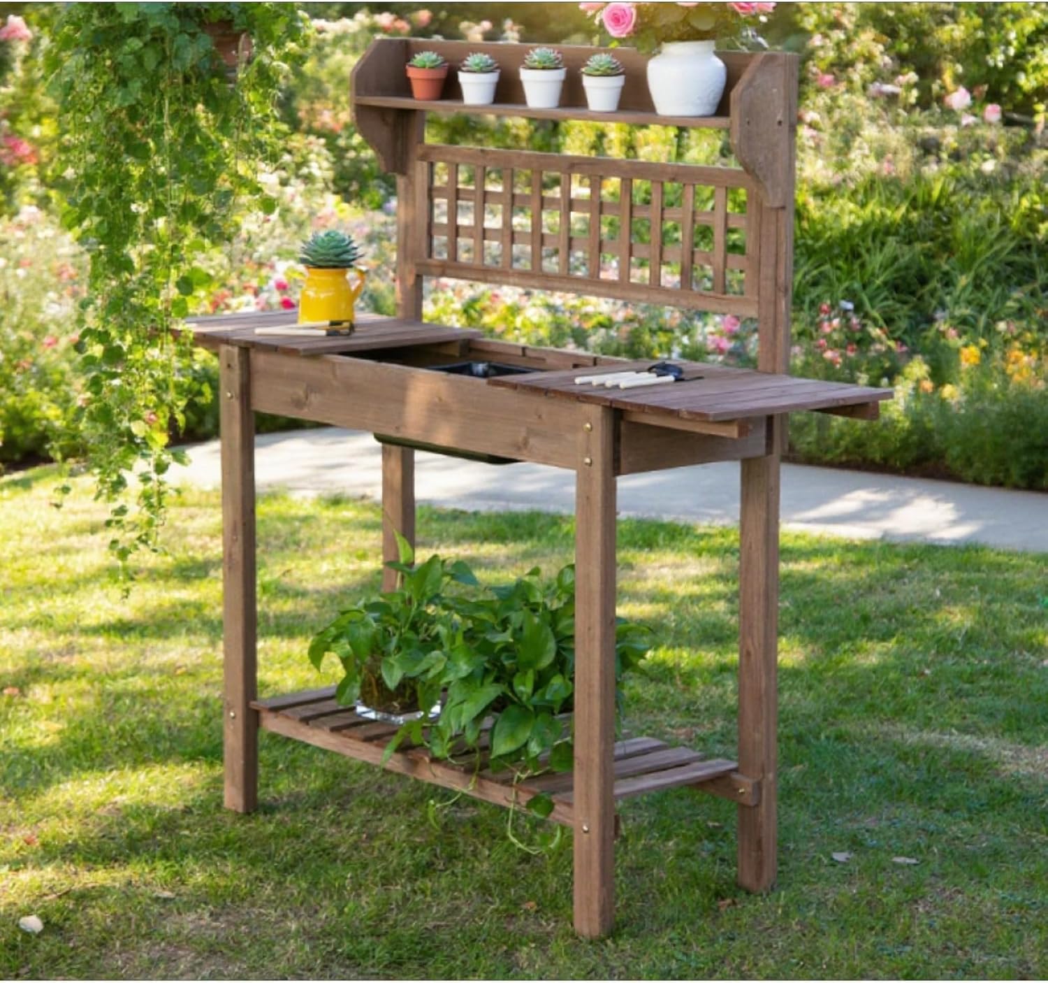 Outdoor Potting Bench Table for Vegetables, Herbs, and Flowers, Wooden Workstation with Sliding Tabletop, Storage Shelf and Dry Sink for Greenhouse, Garden, Patio (Brown)