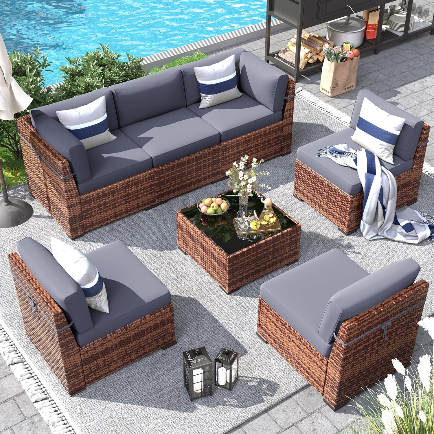 Patio Furniture Set, 7 Pieces Outdoor Modular Conversation Set Wicker Sectional Sofa for All Weather Rattan Patio Couch for Porch Garden Backyard Balcony Poolside (Grey)