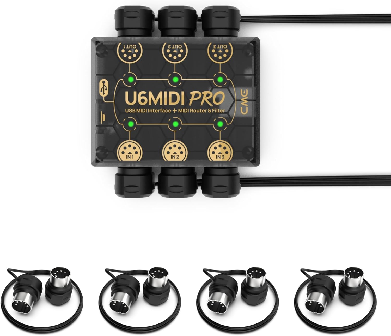 CME U6MIDI Pro + 4-Pack 1-FT MIDI Cables - MIDI Interface with Router, Mapper and Filter + 4-Pack 5-pin DIN Low-Profile MIDI cables