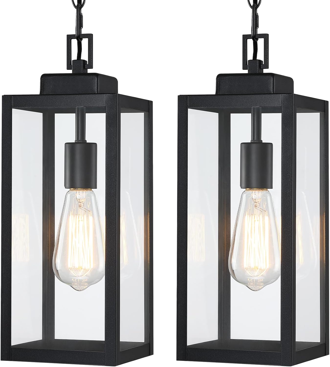 2 Packs 15'' Large Outdoor Pendant Light, Modern Outside Chandelier Outdoor Hanging Lantern Light, Matte Black with Clear Glass, Exterior Pendant Lighting Fixture Ceiling Mount for Porch, Gazebo