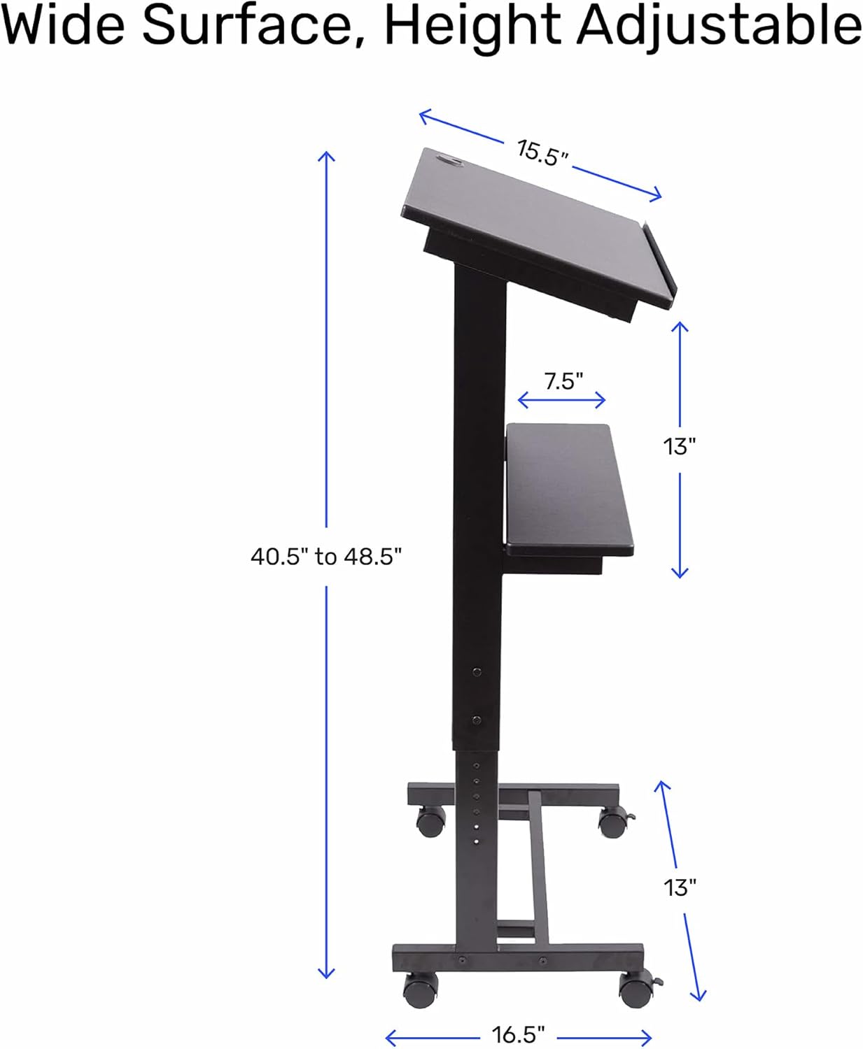 Stand Up Adjustable Height Lectern Podium | Rolling Desk with Storage Shelf | Ergonomic Standing Desk Frame for Office, Classroom, Laptop, Teaching, Presentations & More (Black)